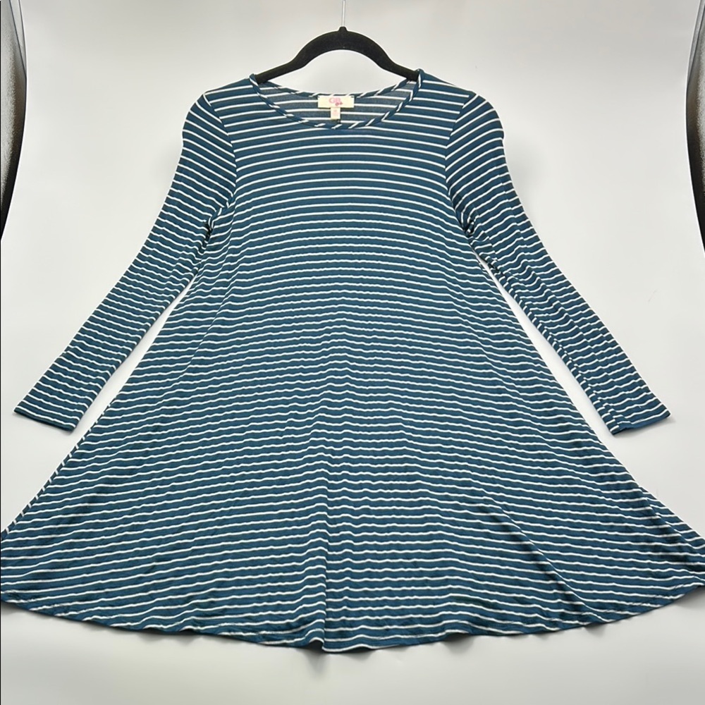 GB Girls A-Line Midi Dress XL Stripe Blue White Long Sleeve Casual Made In USA